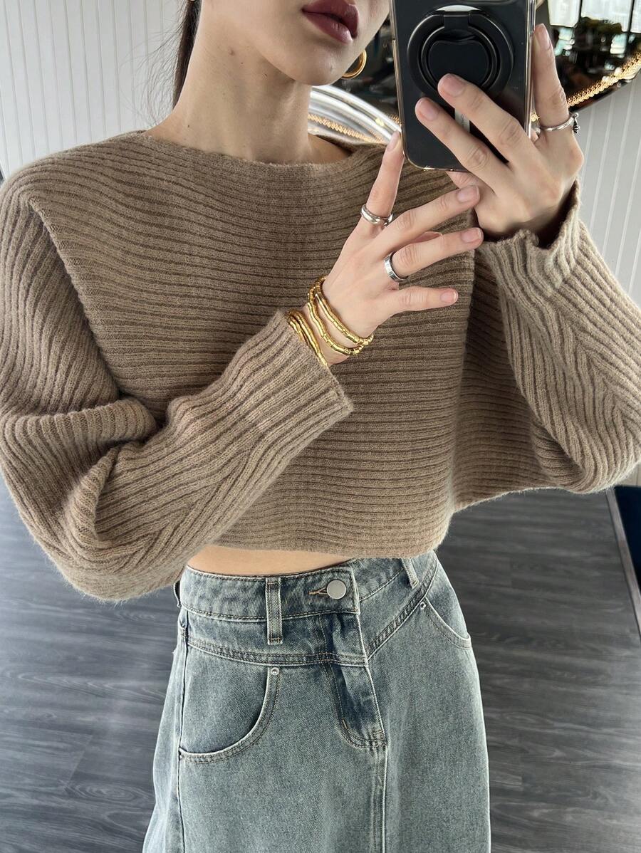 DAZY Dames effen ronde hals vleermuismouwen lange mouw cropped losse trui, herfst/winter