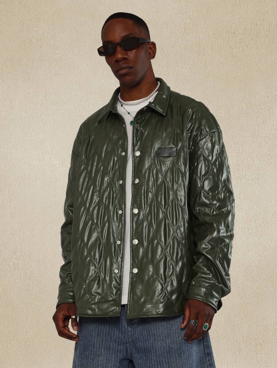 SUMWON Luxurious Quilted Diamond-Stitched Shacket Jacket St. Patrick'S Day Lucky Charm Outerwear With Snap Buttons Irish-Themed Lightweight Spring Layer
