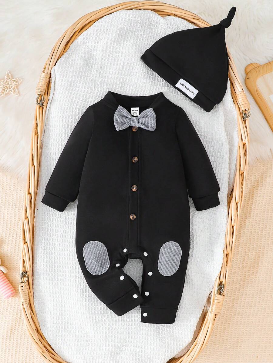 SHEIN Newborn Baby Boy Casual Solid Color Romper + Hat, Suitable For Home And Outdoor Wear, Autumn And Winter