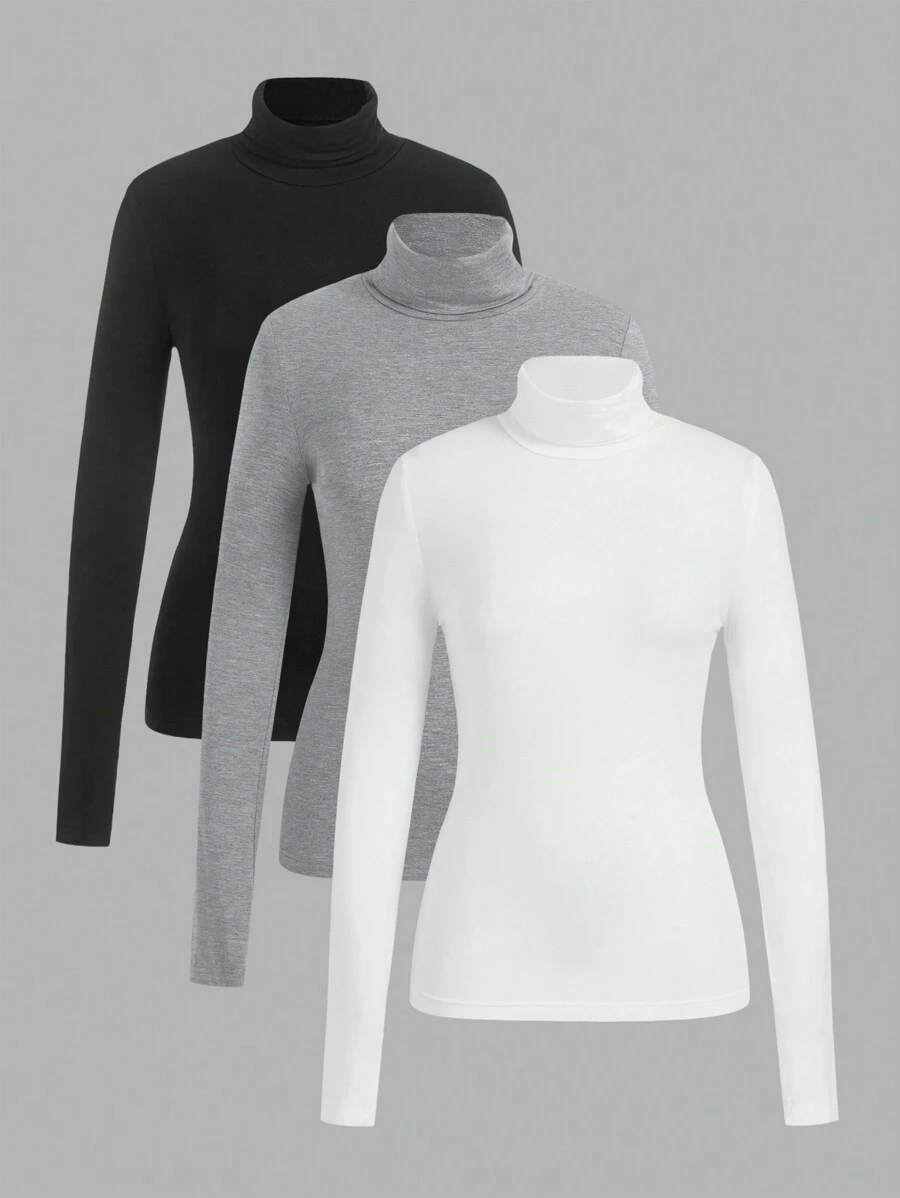 SHEIN EZwear 3 Pack Women's Casual Turtleneck Long Sleeve Shirt Lightweight Slim Pullover Basic Undershirts Active Turtle Neck T-Shirts ,Autumer / Winter
