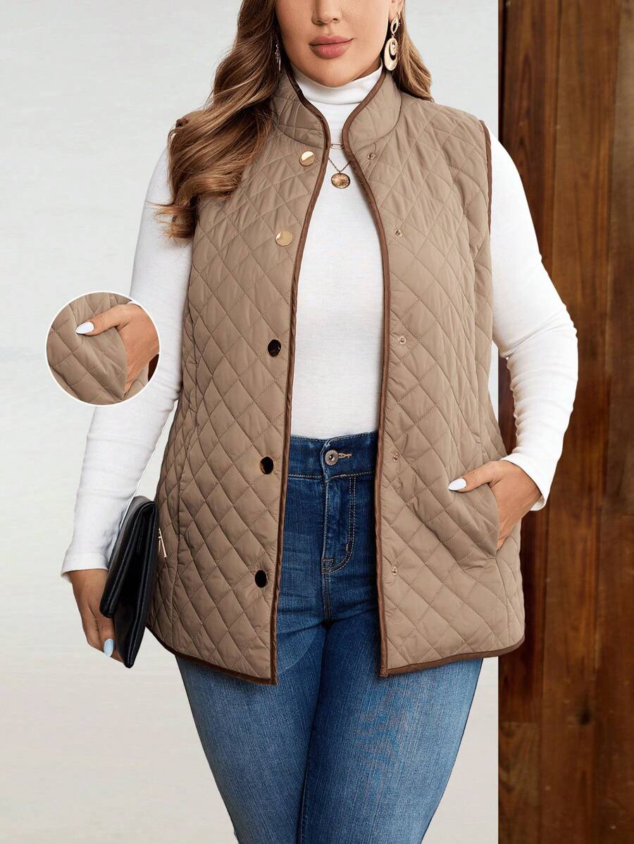 EMERY ROSE Chaleco acolchado con botones delanteros y bolsillos de unicolor, talla grande, invierno