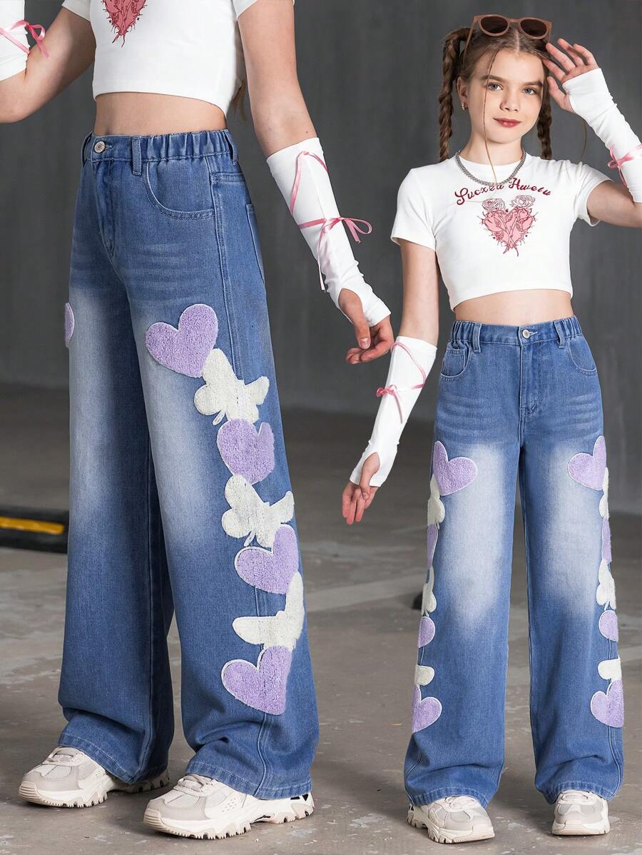 WESTFADE Young Blugi din denim Tween Girl Heart & Butterfly Applique
