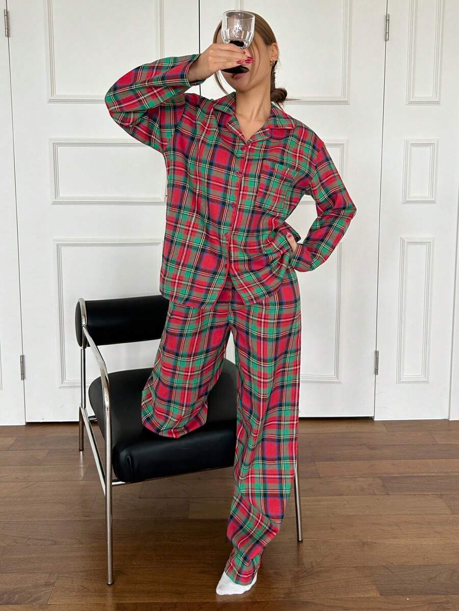 DAZY Conjunto de pijama con camisa de manga larga con botones y pantalón largo a cuadros, holgado