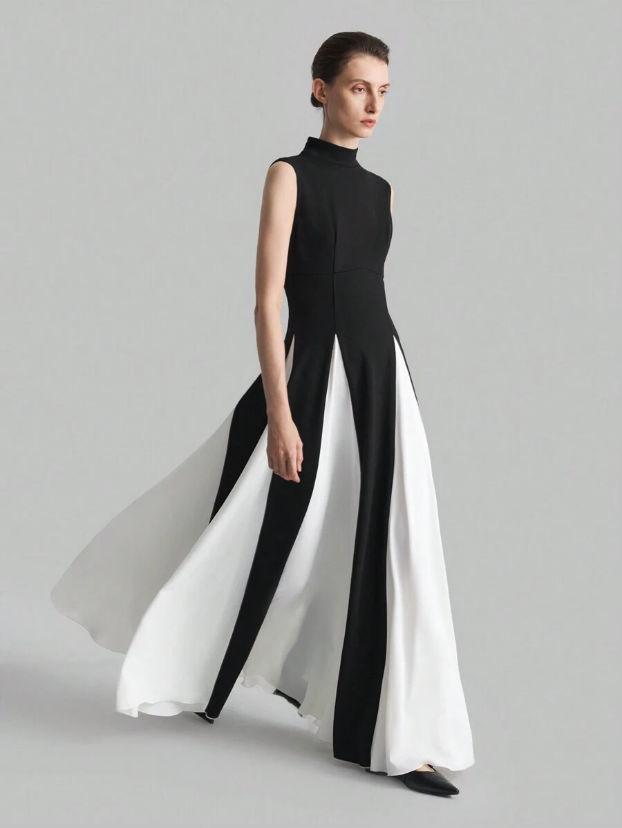 Ontre Women's 2025 Spring New Arrival Stand Collar Sleeveless Black&White Patchwork Dress, Elegant Fashion Party Gown