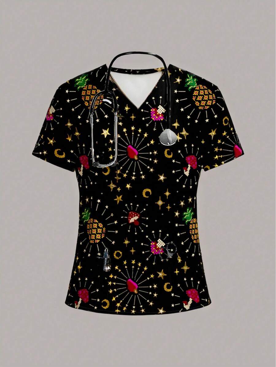 PopScrub Women's V-Neck All-Over Print Distressed Blouse With 2 Pockets - Comfortable Work Uniform Scrub Top