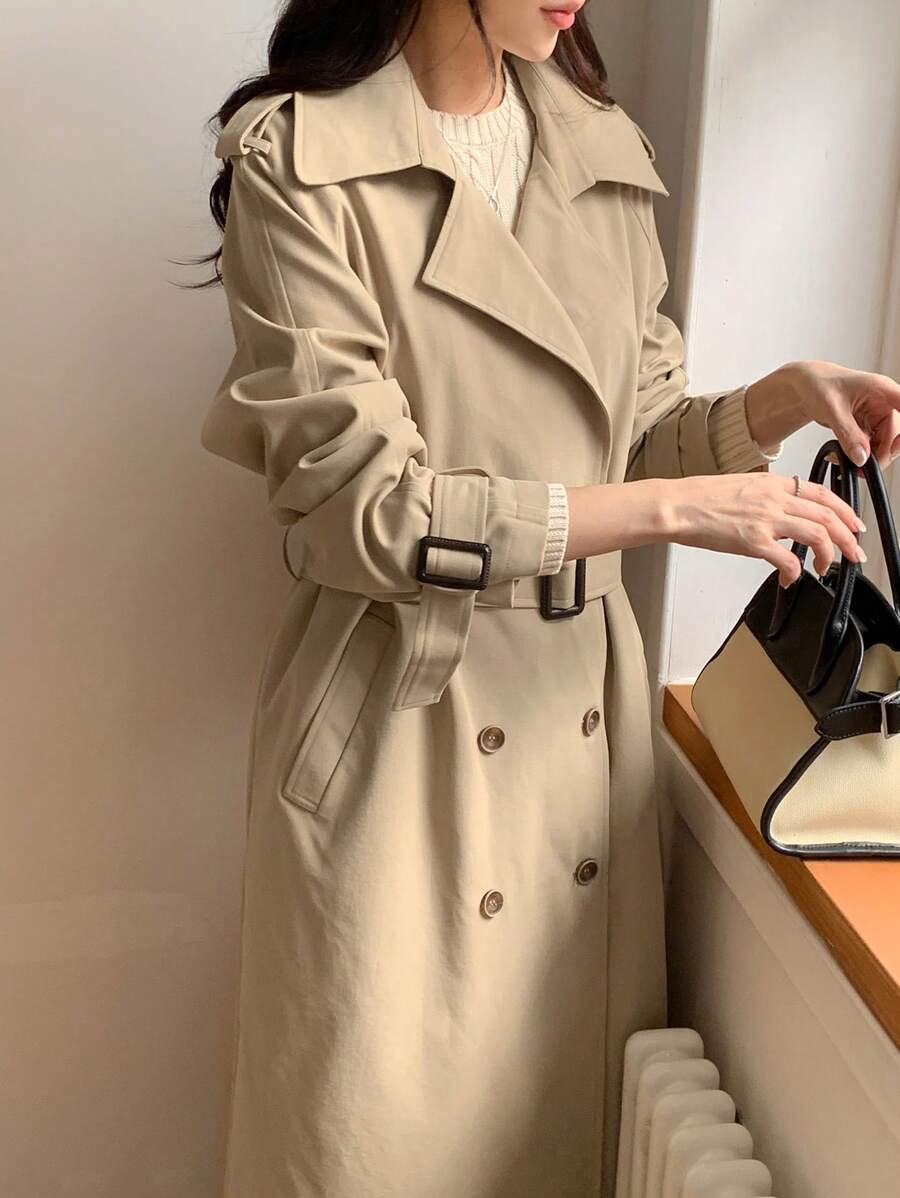 DAZY Women Business Casual Solid Color Double-Breasted Trench Coat,Fall Women Clothes