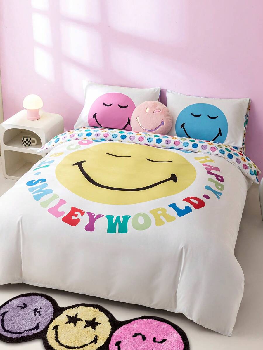 SmileyWorld® | SHEIN Cartoon Smile Expression & Slogan Patterned Bedding Set