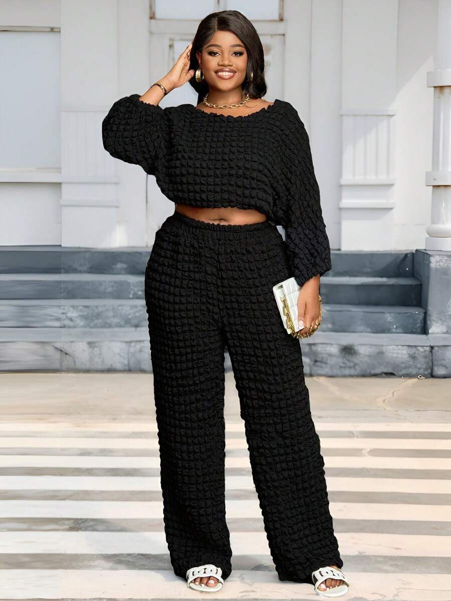 Slaydiva Women Plus Size Casual Fall Black Textured Fabric Dolman Sleeve Top & Pants, Fall Two Pieces Outfit