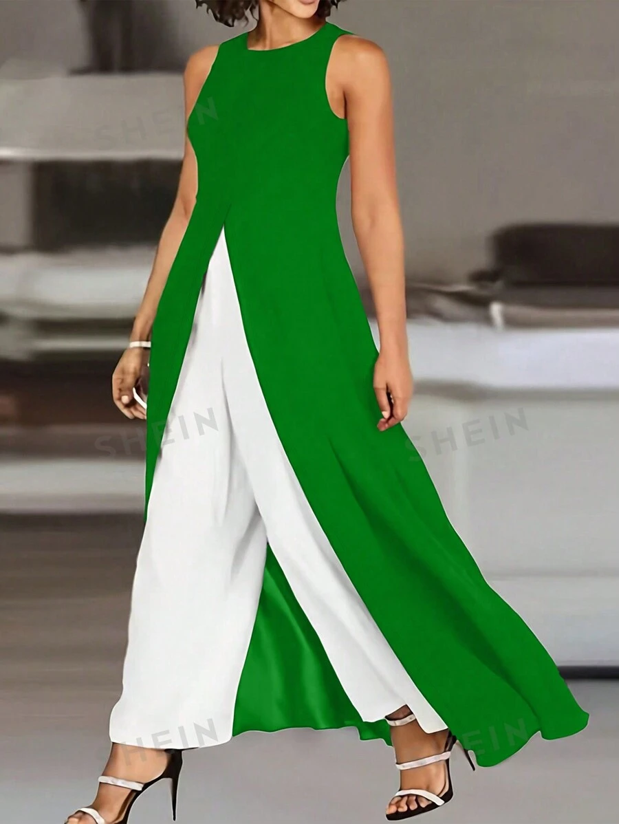 SHEIN Clasi 2 piezas Conjunto de top maxi sin mangas y pantalones de unicolor de verano casual talla grande con abertura alta