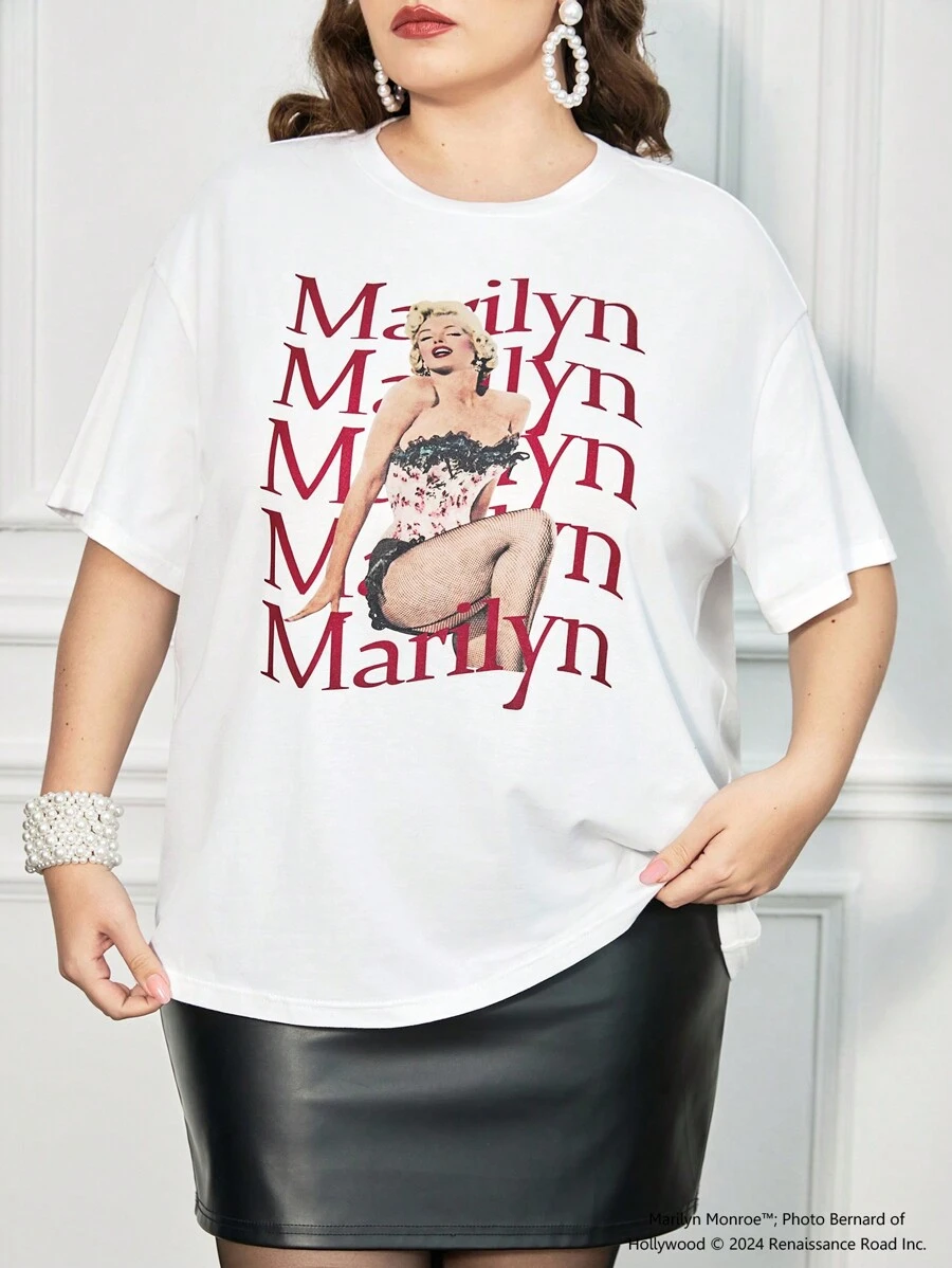 Marilyn Monroe X SHEIN Plus Size Elegant Casual Vintage White Sexy Portrait & English Graphic Print Loose Short Sleeve T-Shirt,Autumn/Winter