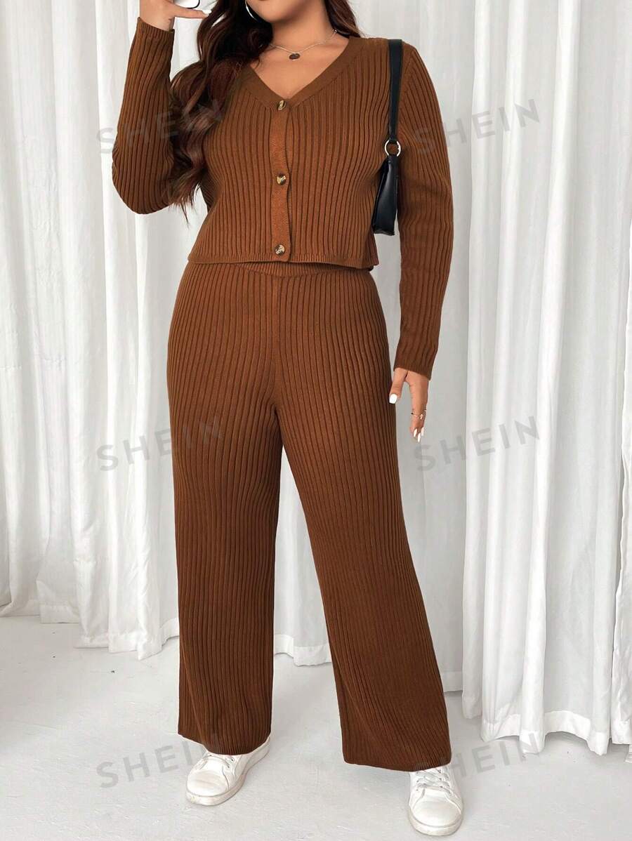SHEIN EZwear Conjunto informal de suéter de botones y pantalones de unicolor talla grande