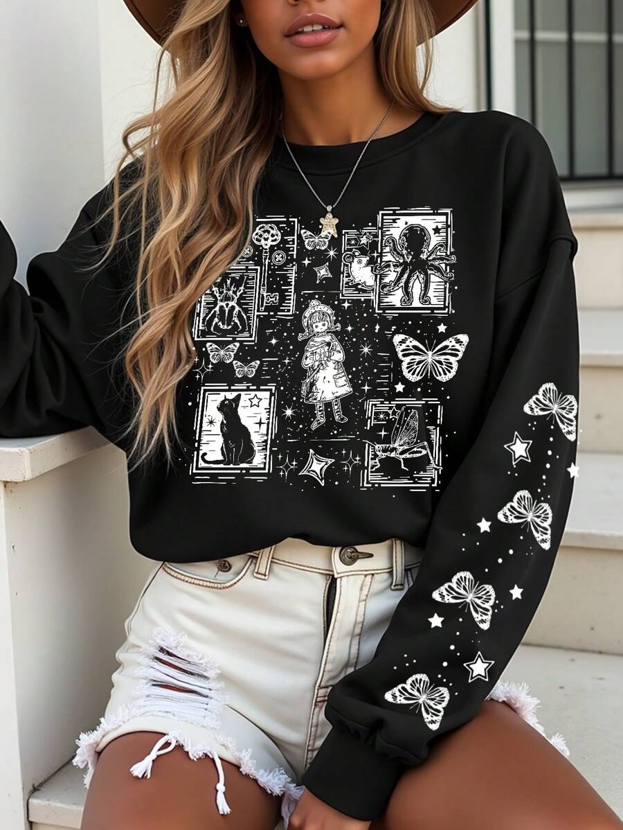 SHEIN LUNE Plus Size Fantasy Girl Print Fleece Sweatshirt For Women, Suitable For Autumn And Winter