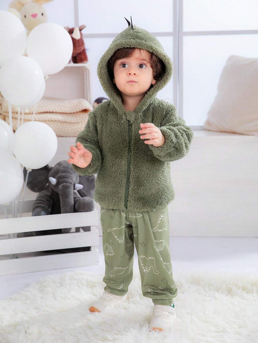 3pcs Baby Boys Outfit Set, Includes Dinosaur Print Romper, Flannel Jacket And Matching Pants, Comfortable, Practical And Fashionable For All Seasons