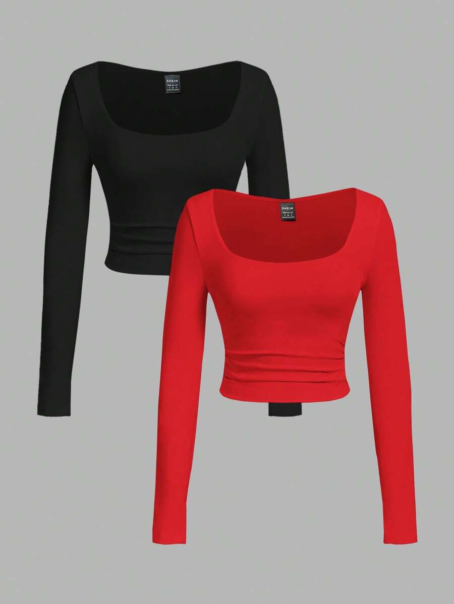 SHEIN EZwear 2pcs Women's Solid Color Crew Neck Ruched Waist Long Sleeve Fitted T-Shirt