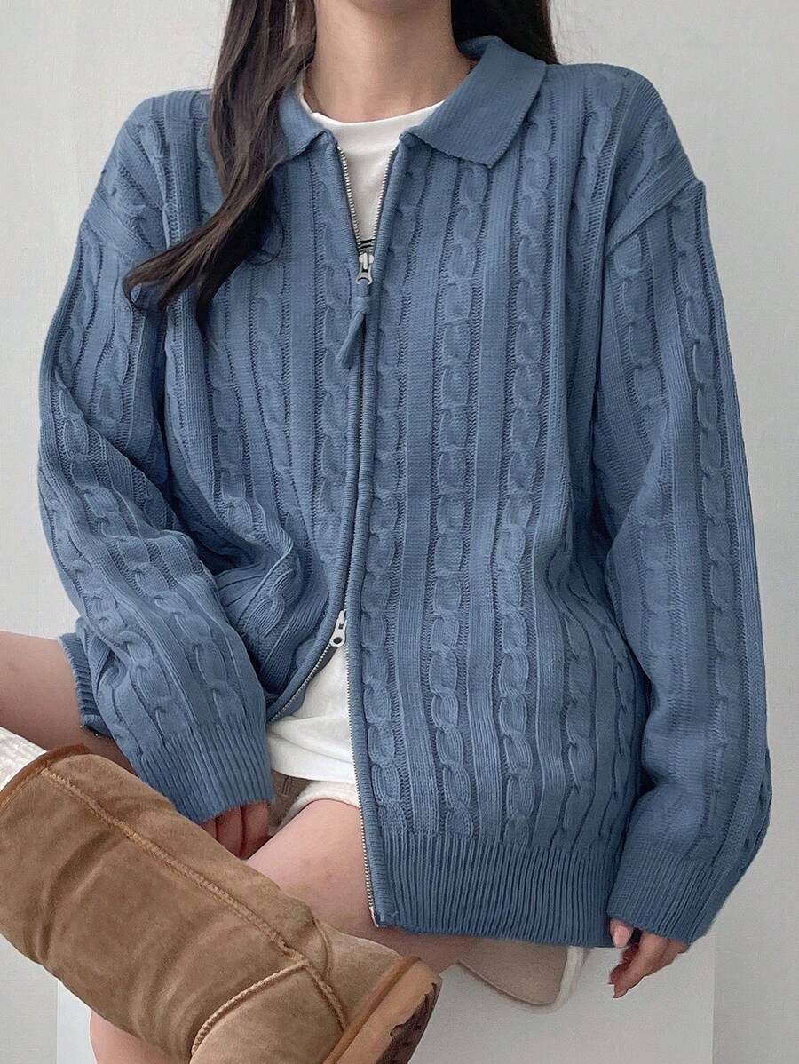 DAZY Women's Loose Fit Turndown Collar Cable Cable Zip-Up Cardigan