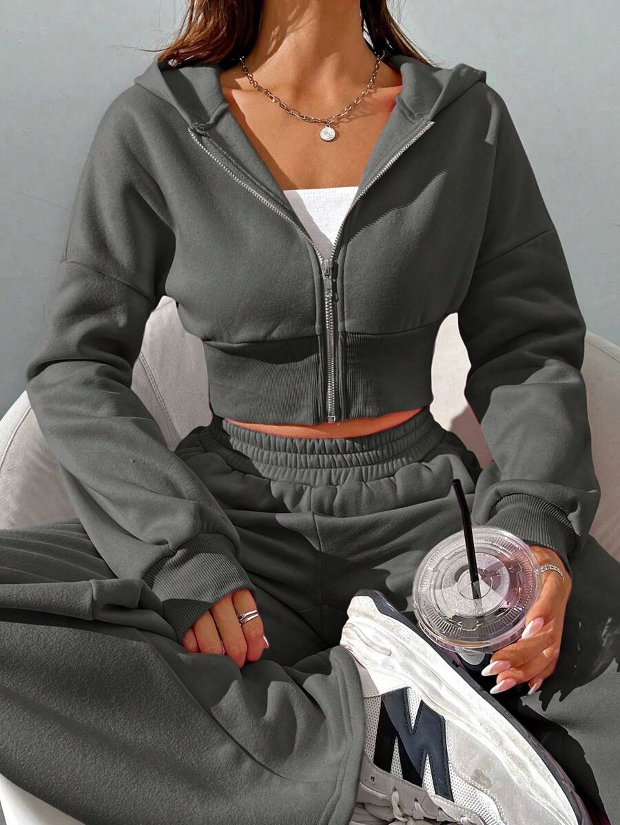 SHEIN EZwear Wiosenna modna bluza z kapturem i spodniami z zamkiem błyskawicznym z przodu, dwuczęściowy zestaw dla kobiet