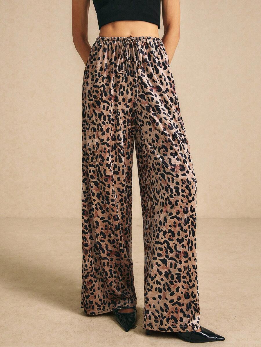 Poéselle Pantalones casuales de mujer con estampado de leopardo y anudado delantero, pantalones palazzo