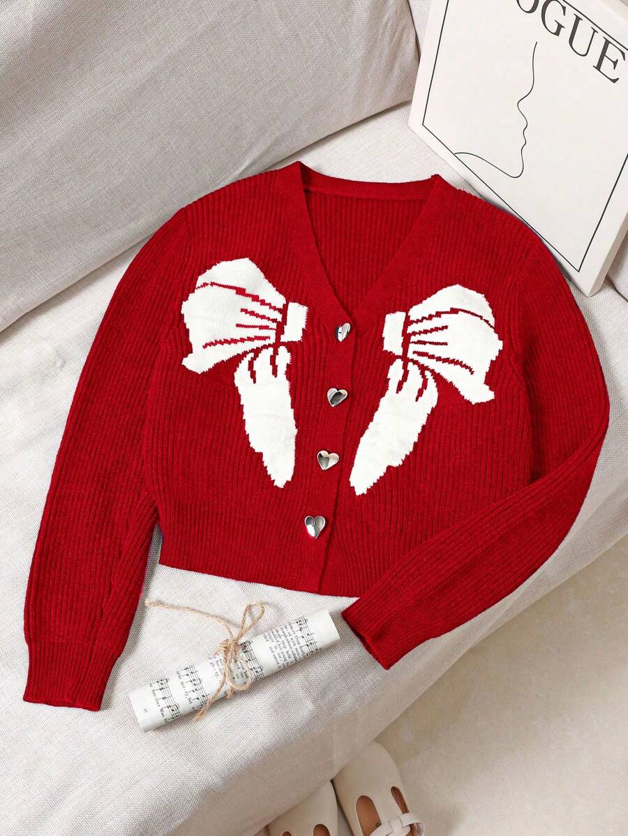 Cardigan solto com estampa de laço casual para meninas pré-adolescentes, outono/inverno
