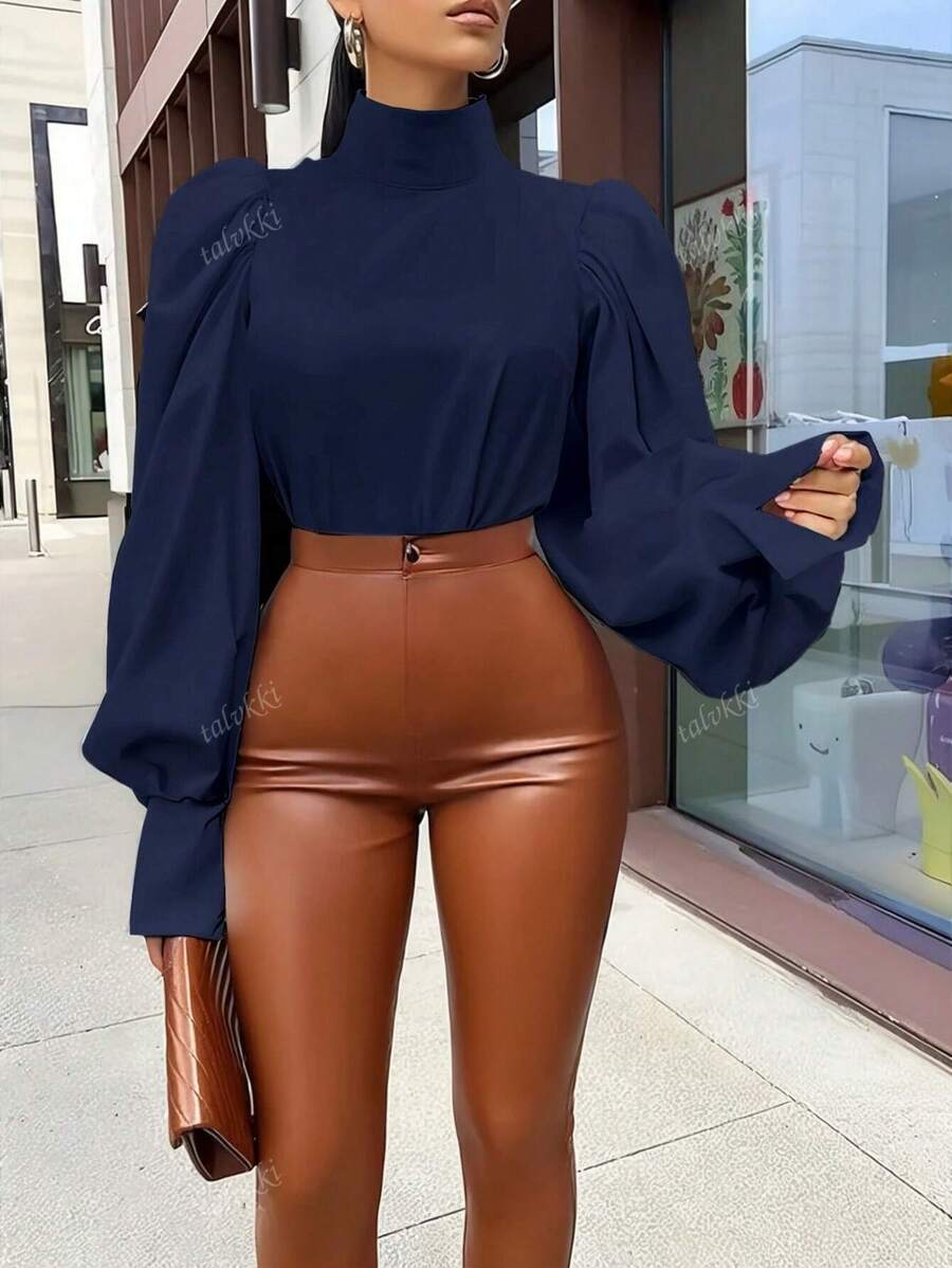 Women's Elegant Solid Color Stand Collar Puff Sleeve Blouse, Spring/Autumn,Long Sleeve Tops