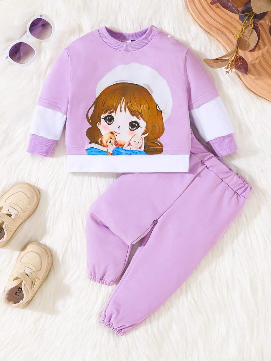 2pcs Cute Cartoon Girl Printed Long Sleeve Splice Warm & Sweet Fashion Outfits For Toddler Girls, Fall & Winter