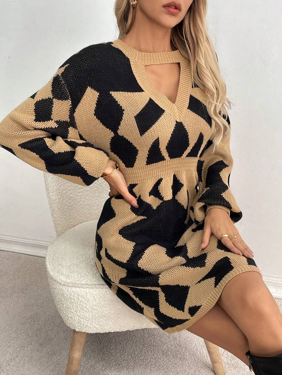 SHEIN LUNE Crew Neck Long Sleeve Hollow Out Simple Casual Mini Dress