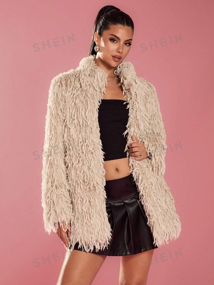 Glamine Chaqueta de mujer de manga larga y corte holgado con cuello de piel sintética en color caqui, abrigo femenino esponjoso y cálido.