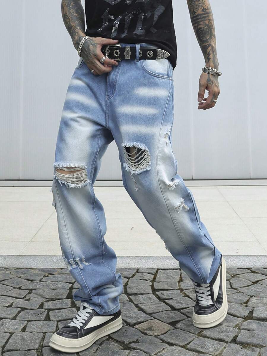Manfinity Hypemode Men's Casual Distressed Washed Baggy Denim Jeans