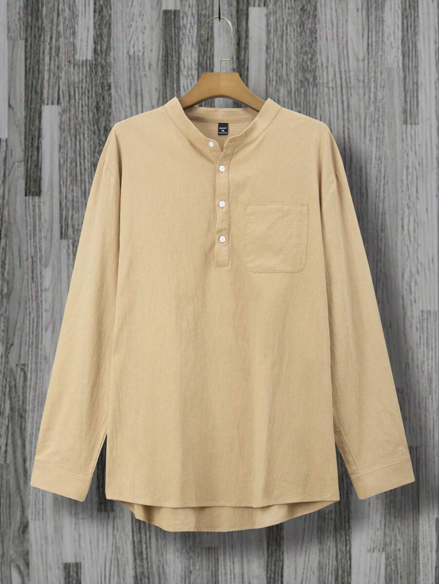 Manfinity Homme Men's Stand Collar Partial Button Down Long Sleeve Shirt
