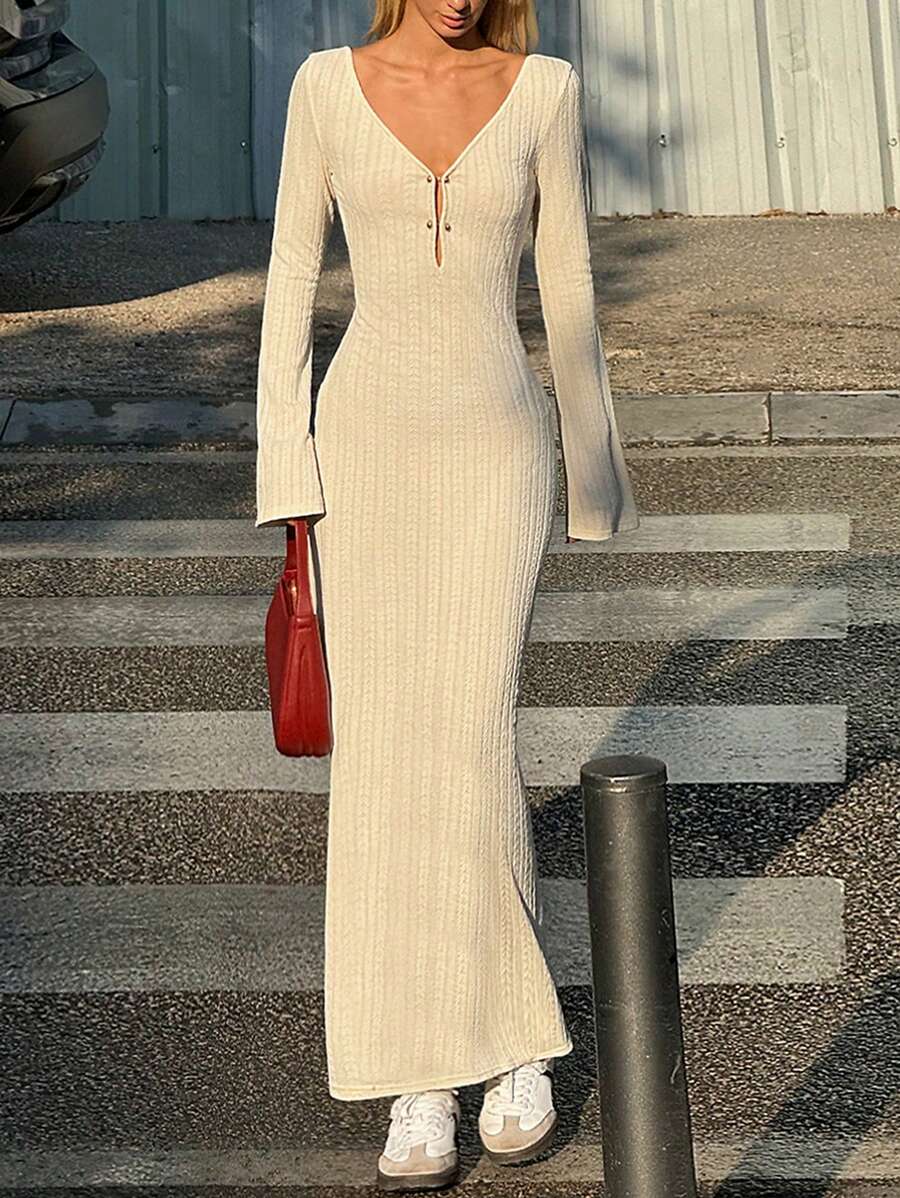 SHEIN EZwear Effen kleur V-hals rugloze lange mouw jurk