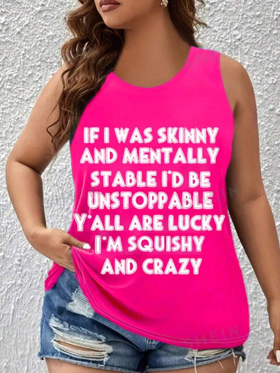 SHEIN LUNE Camiseta sin mangas informal de talla grande para mujer con estampado de lema, tops gráficos para mujer