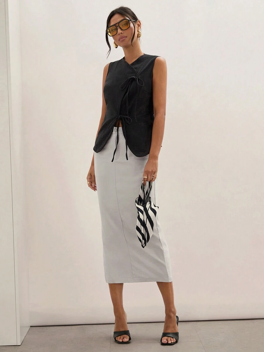 COSMINA Women's Gray Color Front Button Simple Old Money Style A-Line Skirt, Casual Daily Spring/Fall