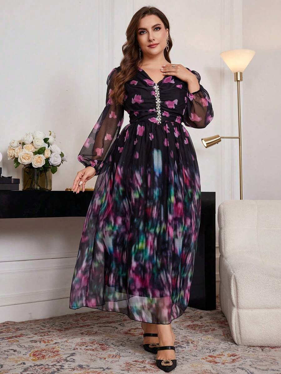 Modelyn Plus Size Elegant Floral Print Dress, Elegant Luxury Party Night Dress Autumn Winter Elegant, A Line Dresses