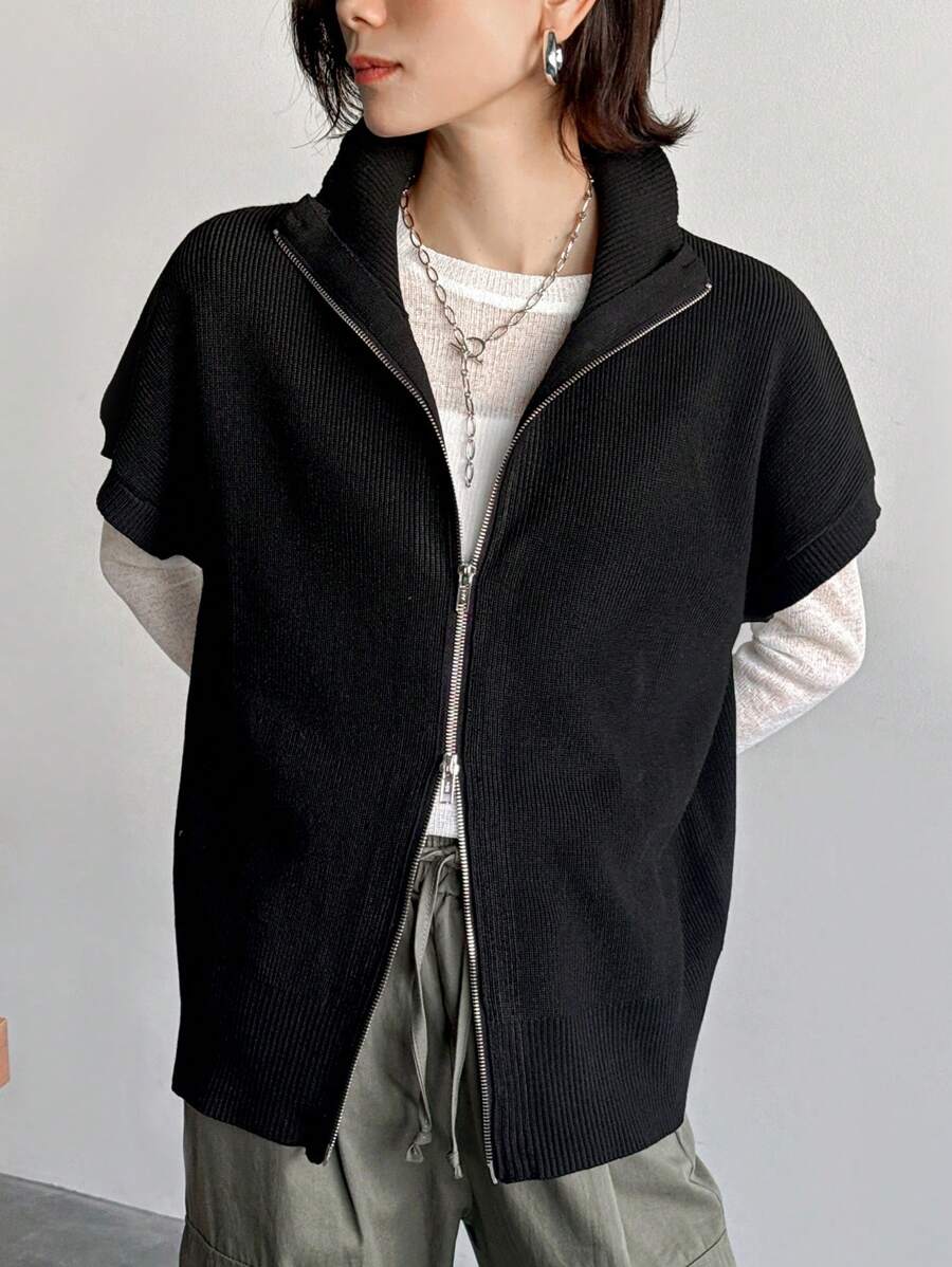 FRIFUL Women's Solid Color Short Sleeve Loose Casual Zip-Up Sweater Vest, Fall/Winter