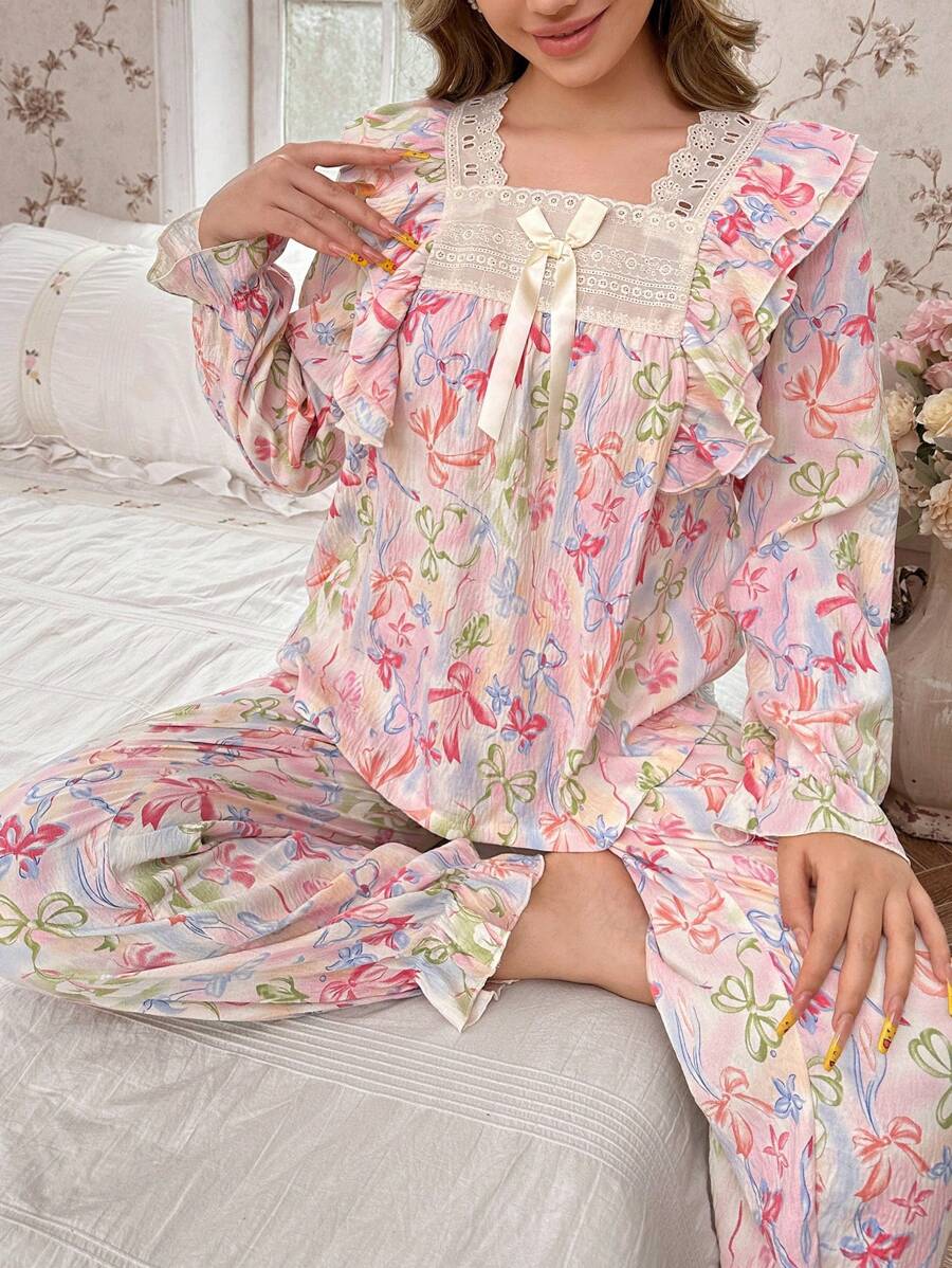 CottageSlumber Conjunto de pijama para mujer con cuello cuadrado con estampado floral, volantes, lazo y bajo con volantes, romántico y perfecto para vacaciones