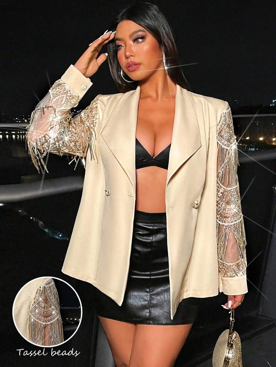 Allurite Elegant Plus Size Women's Shiny Sequin Patchwork Double-Breasted Long Sleeve Blazer Jacket, Suitable For Prom