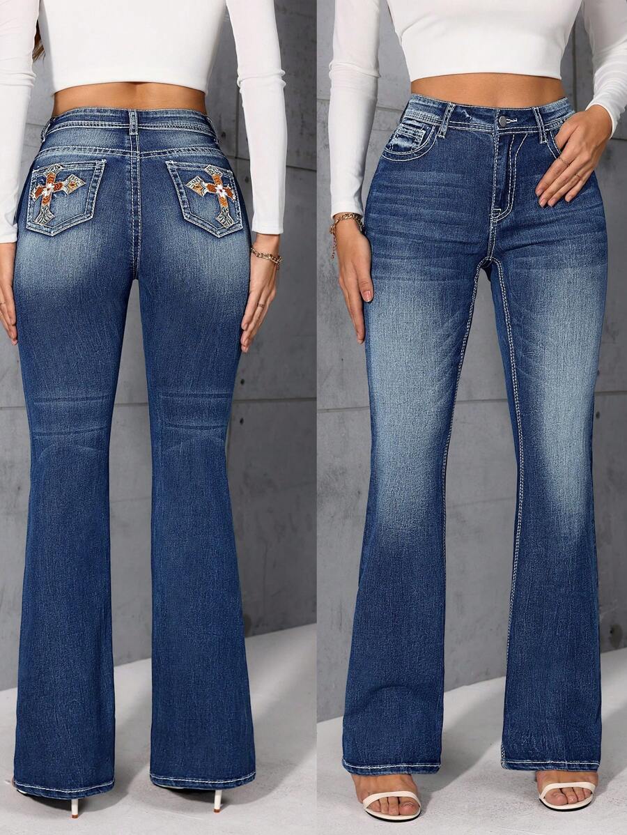 SHEIN LUNE Jeans amples décontractés pour femmes avec broderie croisée et déchirures