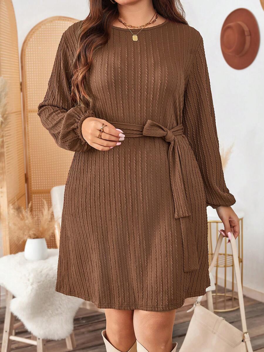 SHEIN LUNE Vestido corto casual de mujer talla grande de unicolor, cuello redondo, mangas farol, para primavera y otoño. Vestido de mujer de negocios casuales, vestido de negocios, atuendo de Acción de Gracias, atuendo festivo, vestido para fiesta festiva Plus