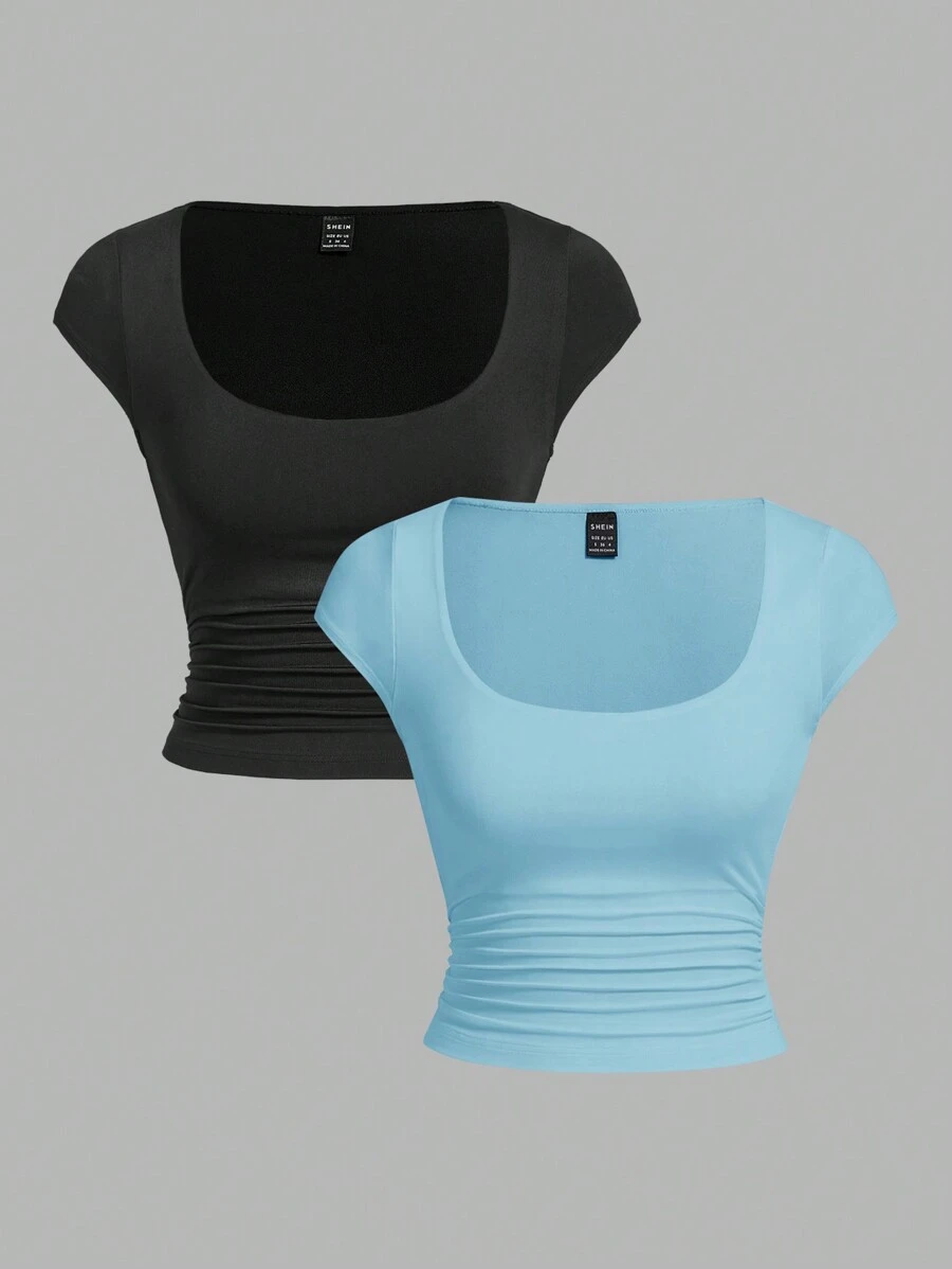 SHEIN Essnce 2pcs V-Neck Tight-Fitting Casual Ruched Waist Short Sleeve T-Shirts For Women
