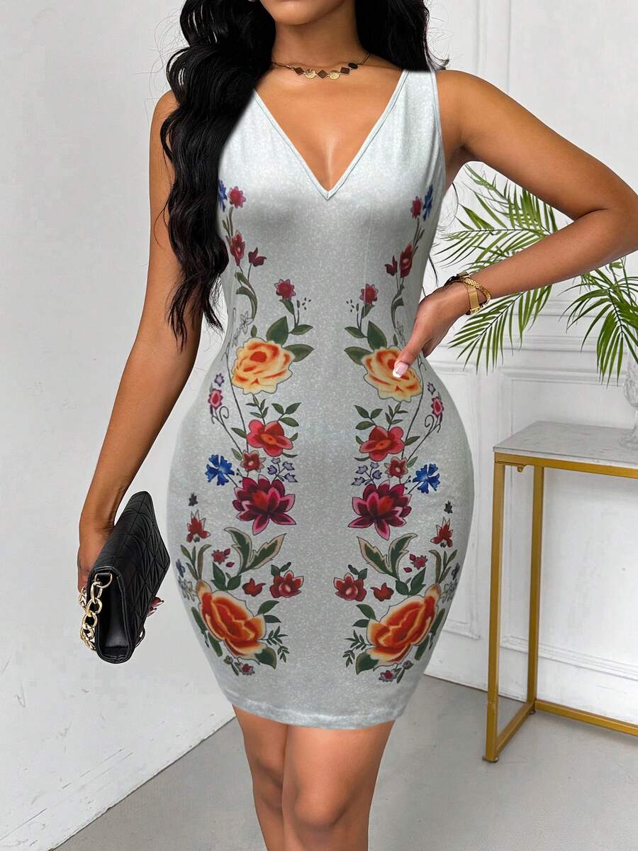 SHEIN Clasi Women's V-Neck Sleeveless Floral Print Casual Mini Dress