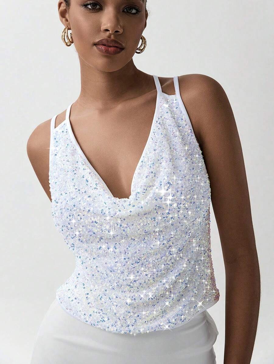Lumivelle Camisola elegante de fiesta con escote drapeado con lentejuelas para mujer