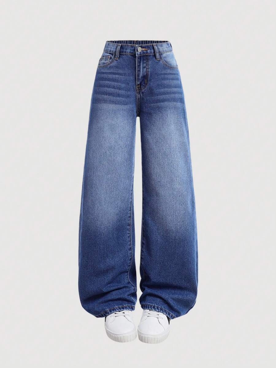 SHEIN Girlism Tween Girl Y2K Pantaloni casual din denim, cu buzunare și picioare largi, haine de toamnă pentru fete Tween, ținute de blugi pentru întoarcere la școală