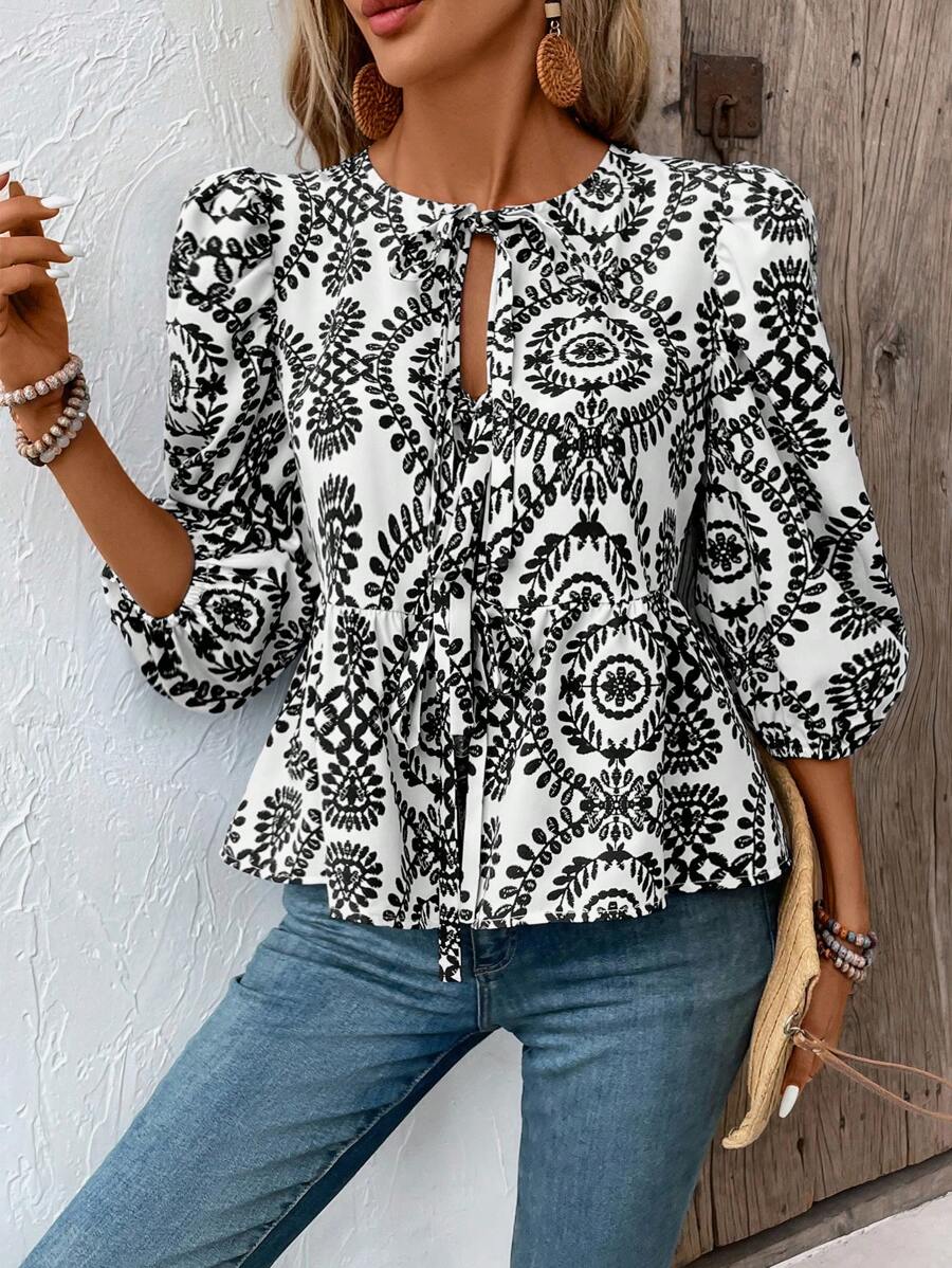 Breezaya Blusa casual holgada con mangas farol, cuello con lazo y estampado floral para mujer, ideal para vacaciones