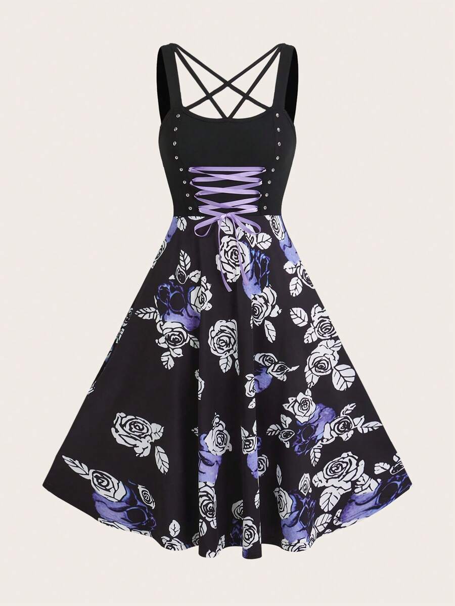 SHEIN Unity Women Mid-Length Floral Print Criss-Cross Tie Patchwork A-Line Dress