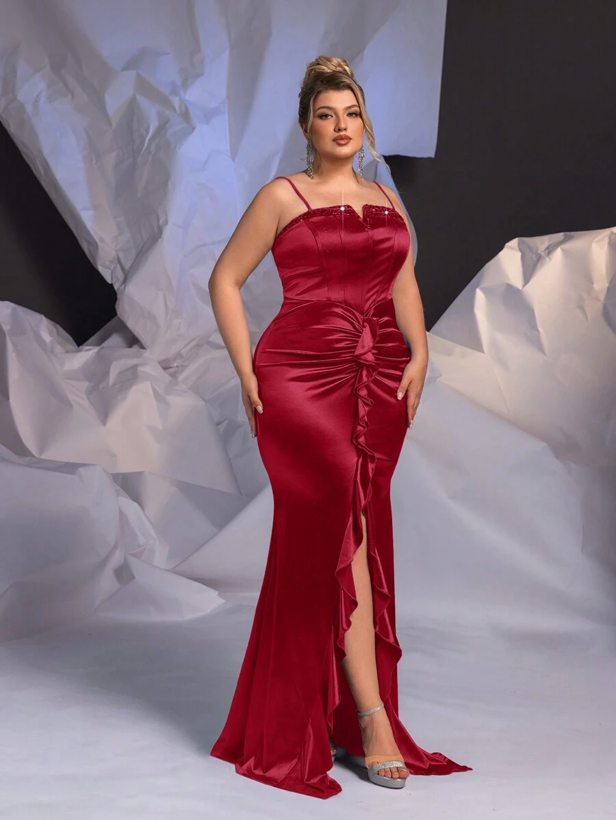 Glamrae Plus Size Red Sequin Panel Bustier Embellished High Split Mermaid Hem Elegant Formal Gown, Wedding Event Dress, Prom Evening Dress, For Wedding Guest, Graduation, Dinner