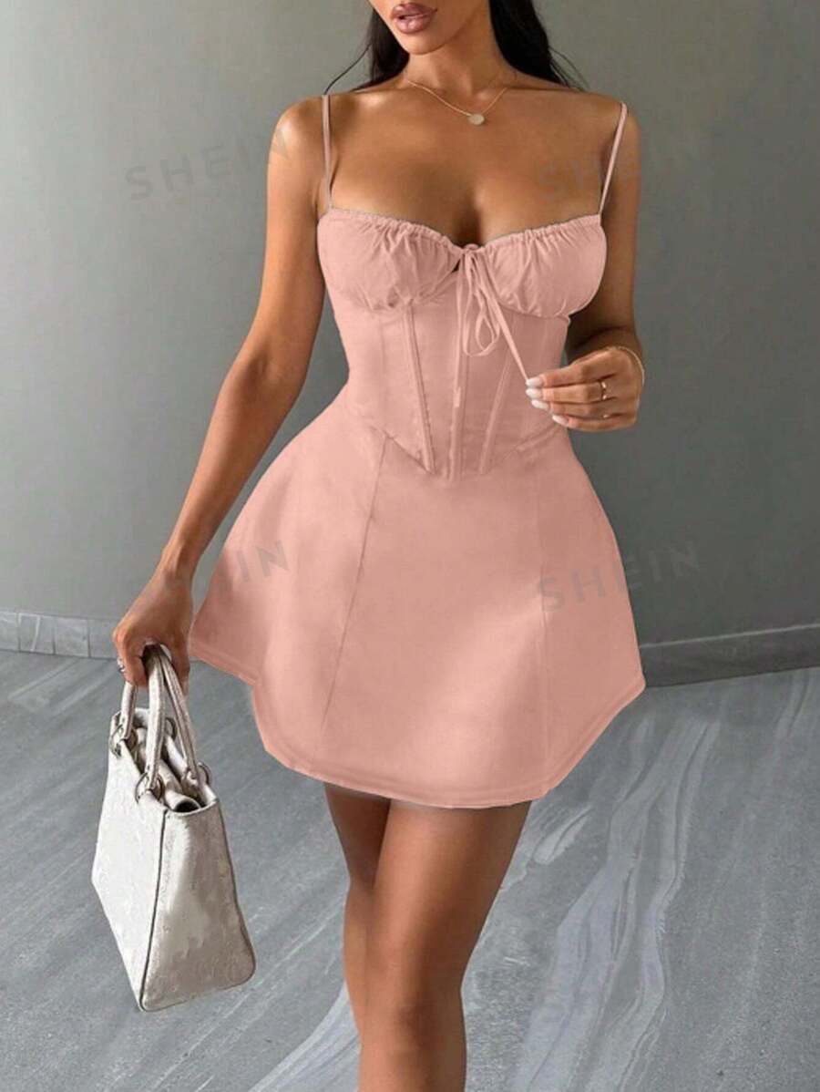 Calvaya Vestido informal de tirantes de espagueti con volantes y lazo en la parte delantera, unicolor, de verano, para mujer