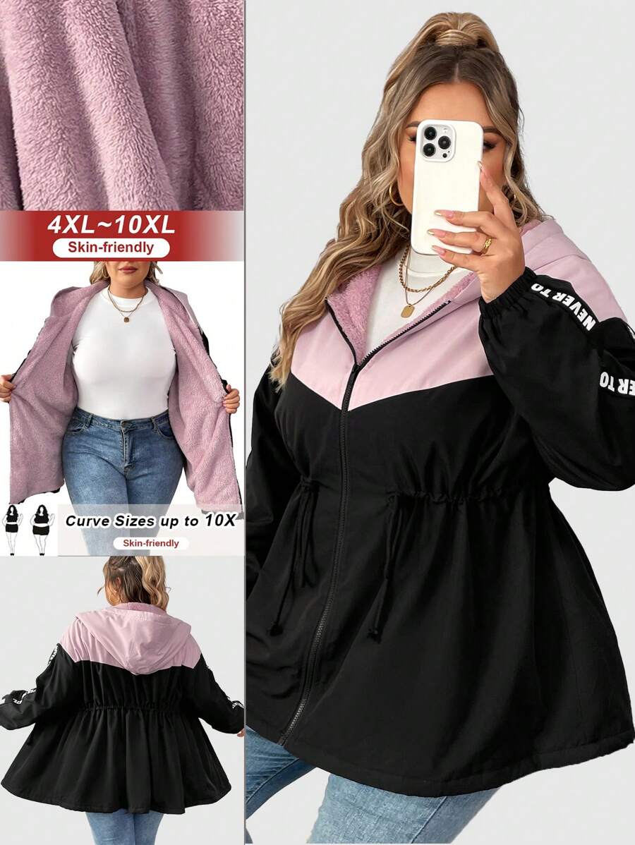 SHEIN CURVE+ Plus Size Hooded Splice Contrast Color Jacket For Women, For Winter