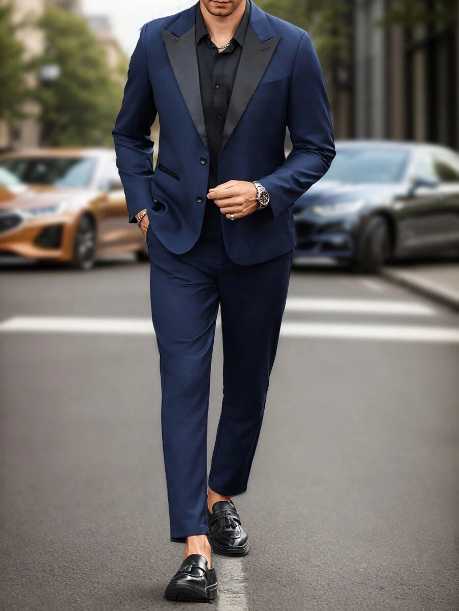 Manfinity Mode 2pcs Men's Contrast Color Lapel Collar Long Sleeve Jacket And Pants, Daily Business Suit Set, Spring Autumn
