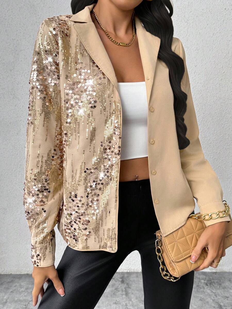 SHEIN Privé Women's Elegant Office Party Club Sparkly Sequin Contrast Button Long Sleeve Shirt