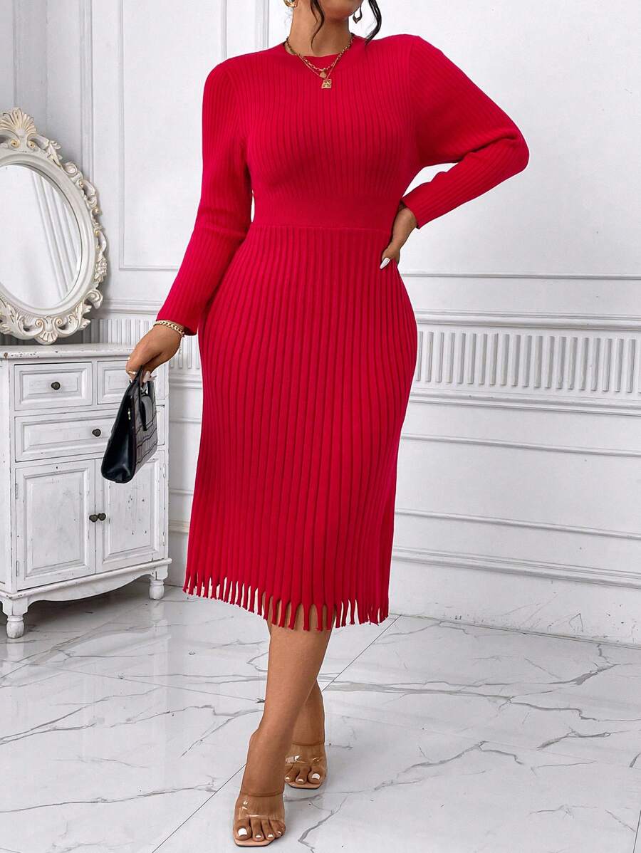 Celure Vestido suéter largo de manga larga con cuello redondo, cintura plisada y ajuste elegante de unicolor para mujeres de talla grande, para ropa de Año Nuevo