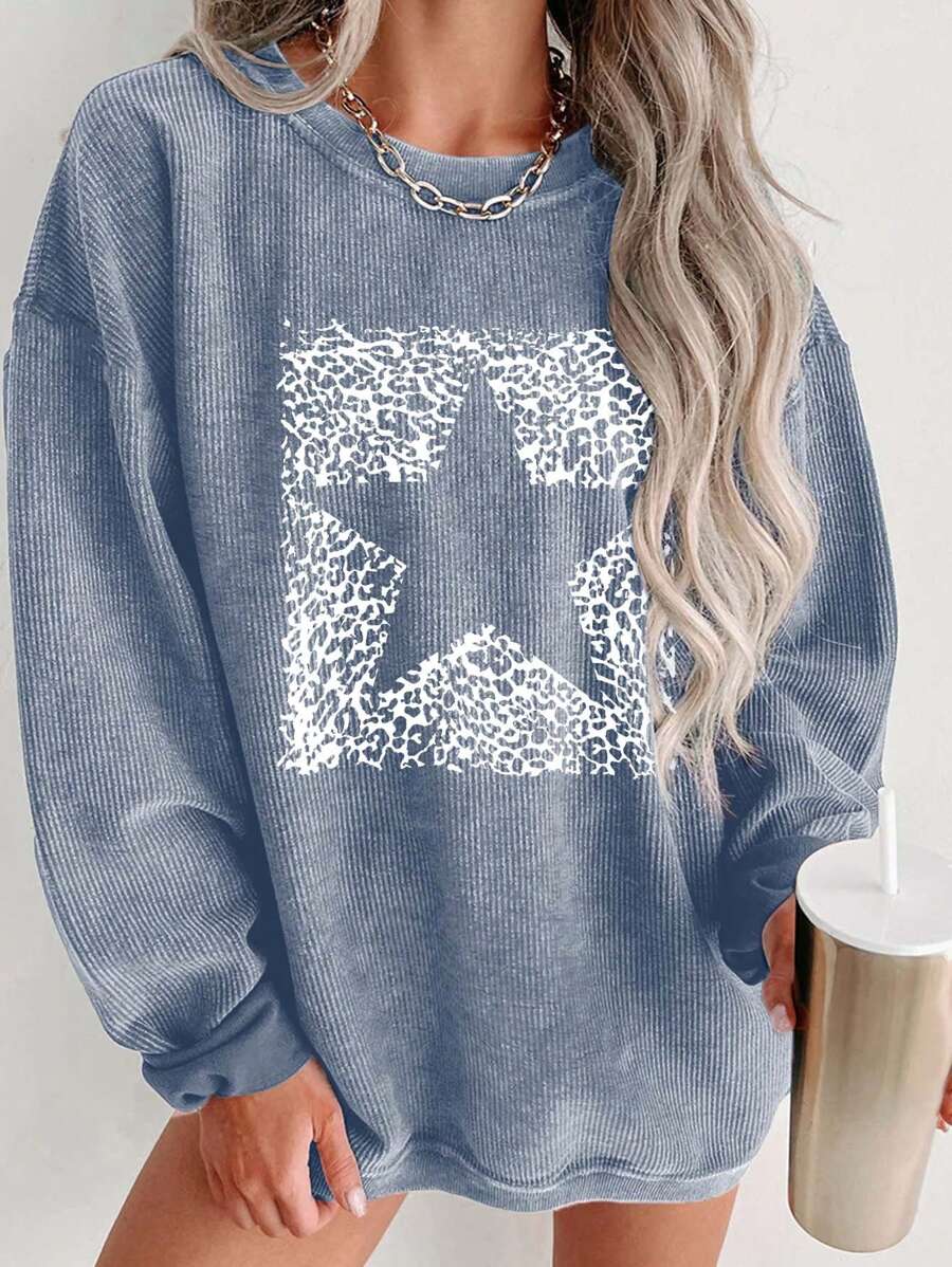INAWLY Women's Leopard & Star Pattern Drop Shoulder Sweatshirt,Long Sleeve Tops Graduation,Back To School Outfits,Graduation,Teacher Outfits For Women,Back To School